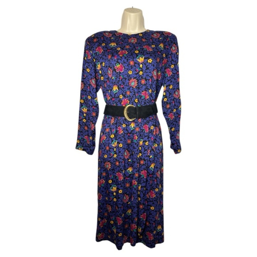 Liz Claiborne Vintage Floral Midi Dress Petite 8 Blue Rayon Belted Long Sleeve - Picture 2 of 11